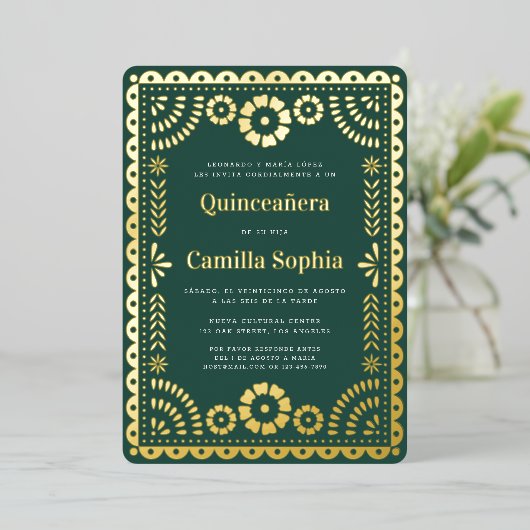 Invitation En Aluminium Quinceañera Papel Picado Dark Green Gold (Debout devant)