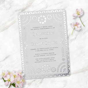 Invitation En Aluminium Quinceañera Papel Picado Elegant Gris Argent