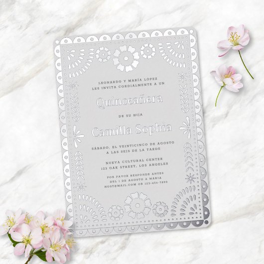 Invitation En Aluminium Quinceañera Papel Picado Elegant Gris Argent
