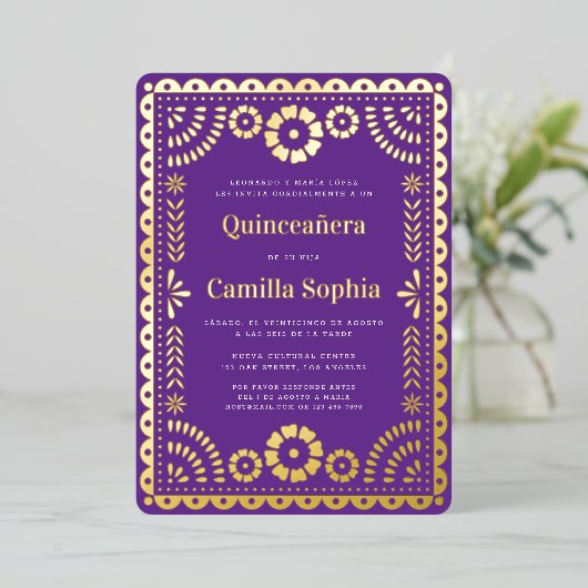 Invitation En Aluminium Quinceañera Papel Picado Elegant Purple Gold (Debout devant)