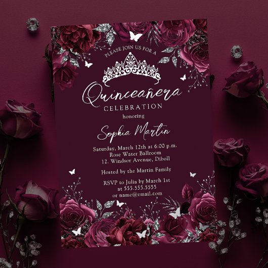 Invitation En Aluminium Quinceanera, papillon floral enchantant de Bourgog
