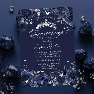 Invitation En Aluminium Quinceanera Papillon Floral Envoûtant Navy