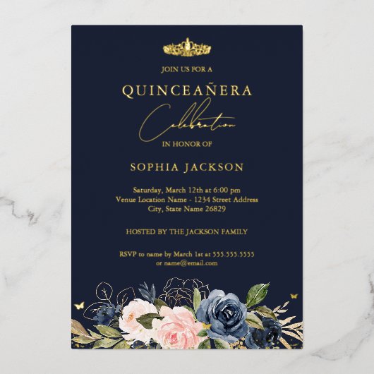 Invitation En Aluminium Quinceanera, papillon floral rose pâle (Recto)