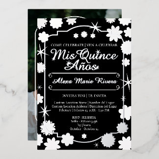 Invitation En Aluminium Quinceanera Photo Floral Or Argent Doré Glam