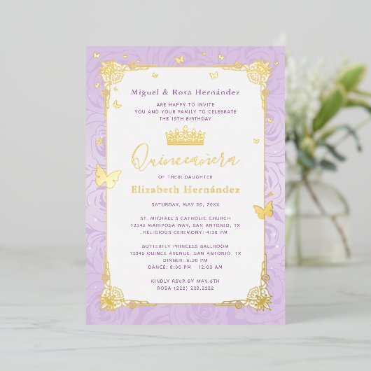 Invitation En Aluminium Quinceañera Princess Lilac Floral pourpre (Debout devant)