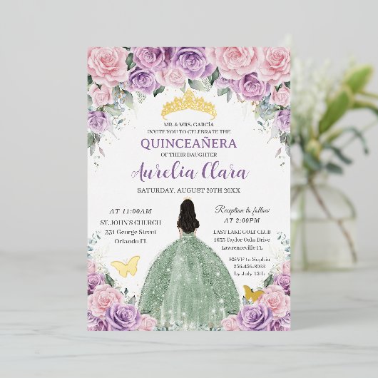 Invitation En Aluminium Quinceañera Robe Rose Violet Floral Sage Vert (Debout devant)