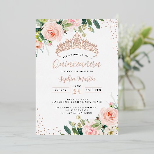 Invitation En Aluminium Quinceanera rose d'or (Debout devant)