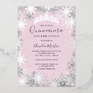 Invitation En Aluminium Quinceanera Rose Flocon de Neige Argent Hiver