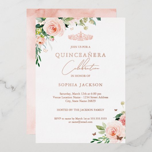 Invitation En Aluminium Quinceanera Rose Floral (Recto/Verso)