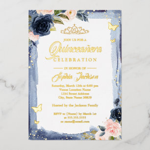 Invitation En Aluminium Quinceanera Rose Floral Éperche Tiara Pile Dans