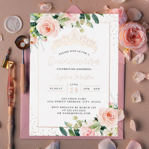Invitation En Aluminium Quinceanera Rose moderne or Floral