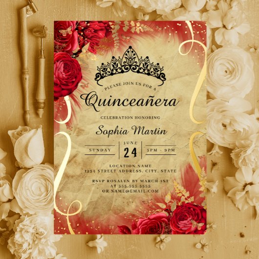 Invitation En Aluminium Quinceanera rouge florale