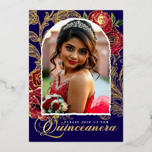 Invitation En Aluminium Quinceanera Rouge Roses Marine Bleu Élégant Photo