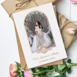 Invitation En Aluminium Quinceañera Spanish Fancy Rose Gold Arch Photo