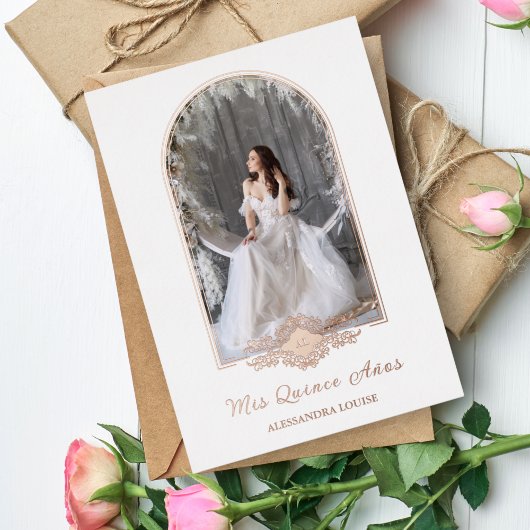 Invitation En Aluminium Quinceañera Spanish Fancy Rose Gold Arch Photo