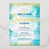Invitation En Aluminium Quinceañera Turquoise Aquarelle Couronne or réel (Recto)