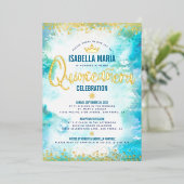 Invitation En Aluminium Quinceañera Turquoise Aquarelle Couronne or réel (Debout devant)