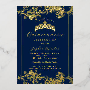 Invitation En Aluminium Quinceanera Vintage Or Navy Gold Floral