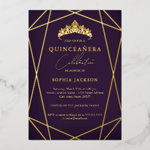 Invitation En Aluminium Quinceanera violette géométrique or élégant