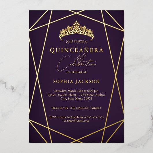 Invitation En Aluminium Quinceanera violette géométrique or élégant (Recto)