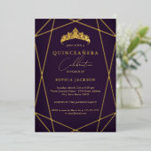 Invitation En Aluminium Quinceanera violette géométrique or élégant (Debout devant)