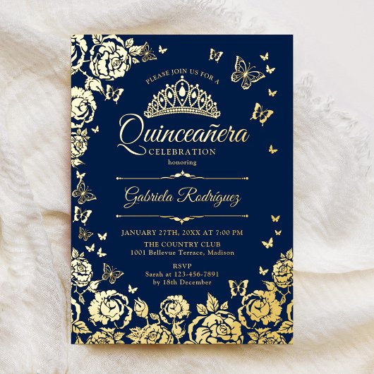 Invitation En Aluminium Quinze ans Bleu Nuit Roses Papillons