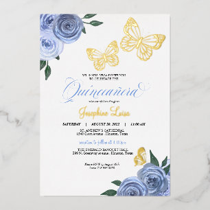 Invitation En Aluminium Quinze ans Roses Bleues Papillon Réelles