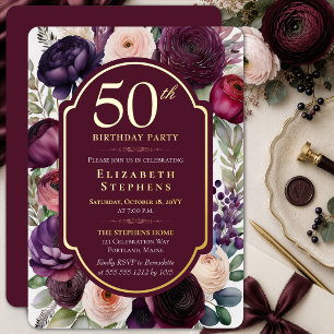Invitation En Aluminium Ranunculus de vin élégant pour 50e anniversaire en