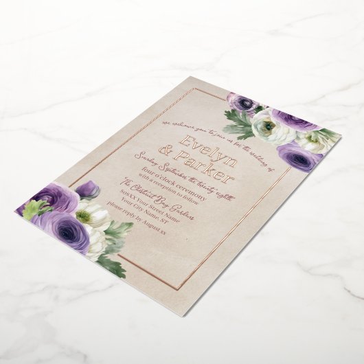 Invitation En Aluminium Ranunculus violet et blanc avec Mariage or Rose (Rotation)