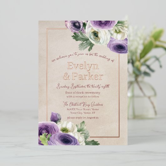 Invitation En Aluminium Ranunculus violet et blanc avec Mariage or Rose (Debout devant)