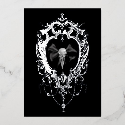 Invitation En Aluminium Raven Skull Silver Frame Goth Wedding (Recto)