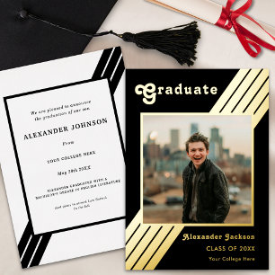 Invitation En Aluminium Rayure Rétro Diplômé Photo Noir et Or