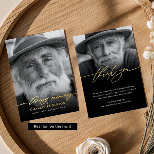 Invitation En Aluminium Real Foil Elegant 2-Photo Memorial Thank You Card