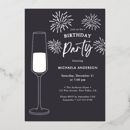Invitation En Aluminium Real Foil Fireworks & Champagne Birthday Party (Recto)