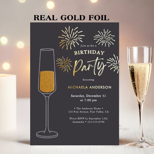 Invitation En Aluminium Real Foil Fireworks & Champagne Birthday Party
