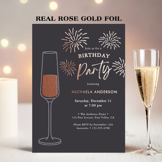 Invitation En Aluminium Real Foil Fireworks & Champagne Birthday Party