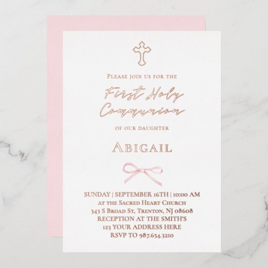 Invitation En Aluminium real foil little pink bow First Holy Communion (Recto/Verso)