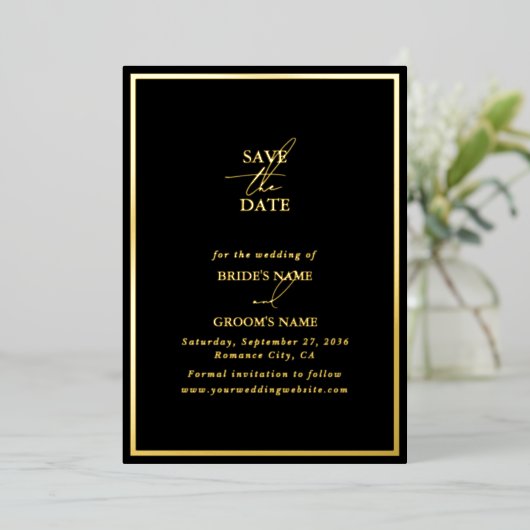 Invitation En Aluminium Real Gold Foil Black & Gold Wedding Enregistrer la (Debout devant)