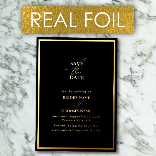 Invitation En Aluminium Real Gold Foil Black & Gold Wedding Enregistrer la