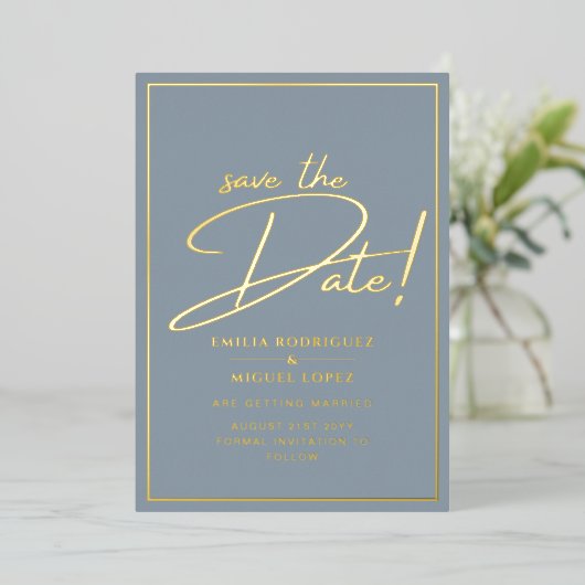 Invitation En Aluminium Real GOLD Foil Dusty Blue Enregistrer le Mariage d (Debout devant)