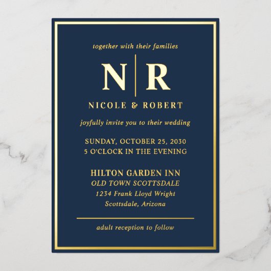 Invitation En Aluminium Real Gold Foil Élégant Mariage Monogramme Moderne (Recto)
