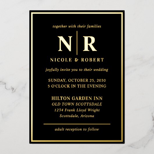 Invitation En Aluminium Real Gold Foil Élégant Mariage Monogramme Moderne (Recto)
