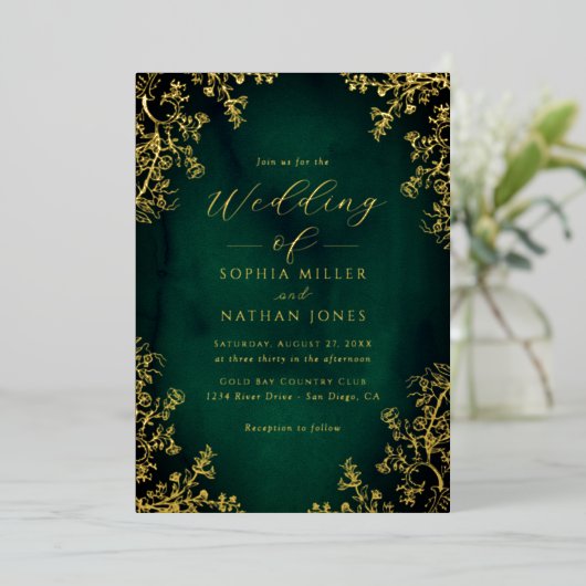 Invitation En Aluminium Real Gold Foil Emerald Floral Lace Script Mariage (Debout devant)