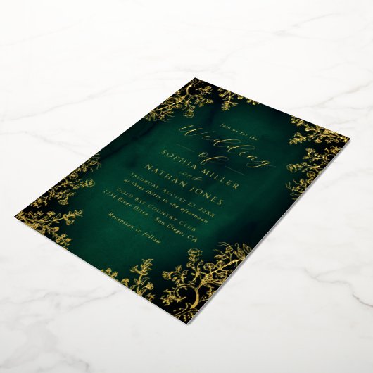 Invitation En Aluminium Real Gold Foil Emerald Floral Lace Script Mariage (Rotation)