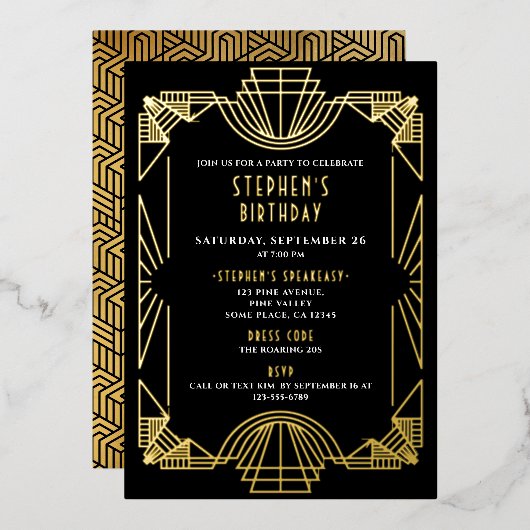 Invitation En Aluminium Real Gold Foil Gatsby Roaring 20s Anniversaire (Recto/Verso)