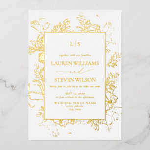 Invitation En Aluminium Real Gold Foil Monogramme Floral Line Art Mariage