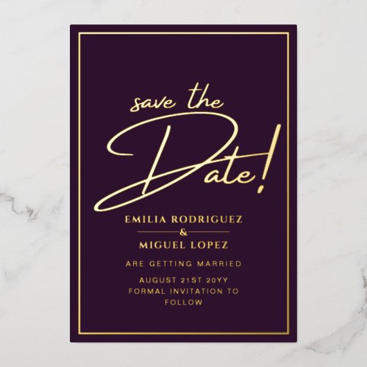 Invitation En Aluminium Real GOLD Foil Plum Purple Enregistrer le Mariage  (Recto)
