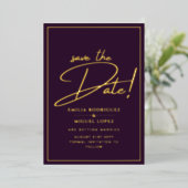 Invitation En Aluminium Real GOLD Foil Plum Purple Enregistrer le Mariage  (Debout devant)