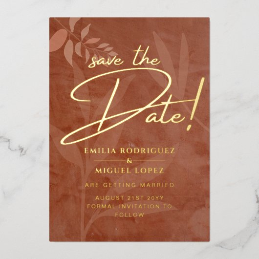 Invitation En Aluminium Real GOLD FOIL Terracotta Enregistrer la date Mari (Recto)