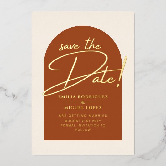 Invitation En Aluminium Real GOLD Foil Terracotta Enregistrer la date Mari (Recto)